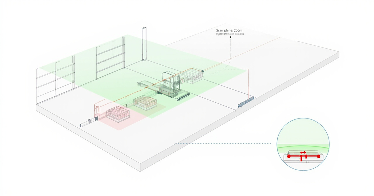 2D LiDAR scan plane showing blind zones in warehouse aisle