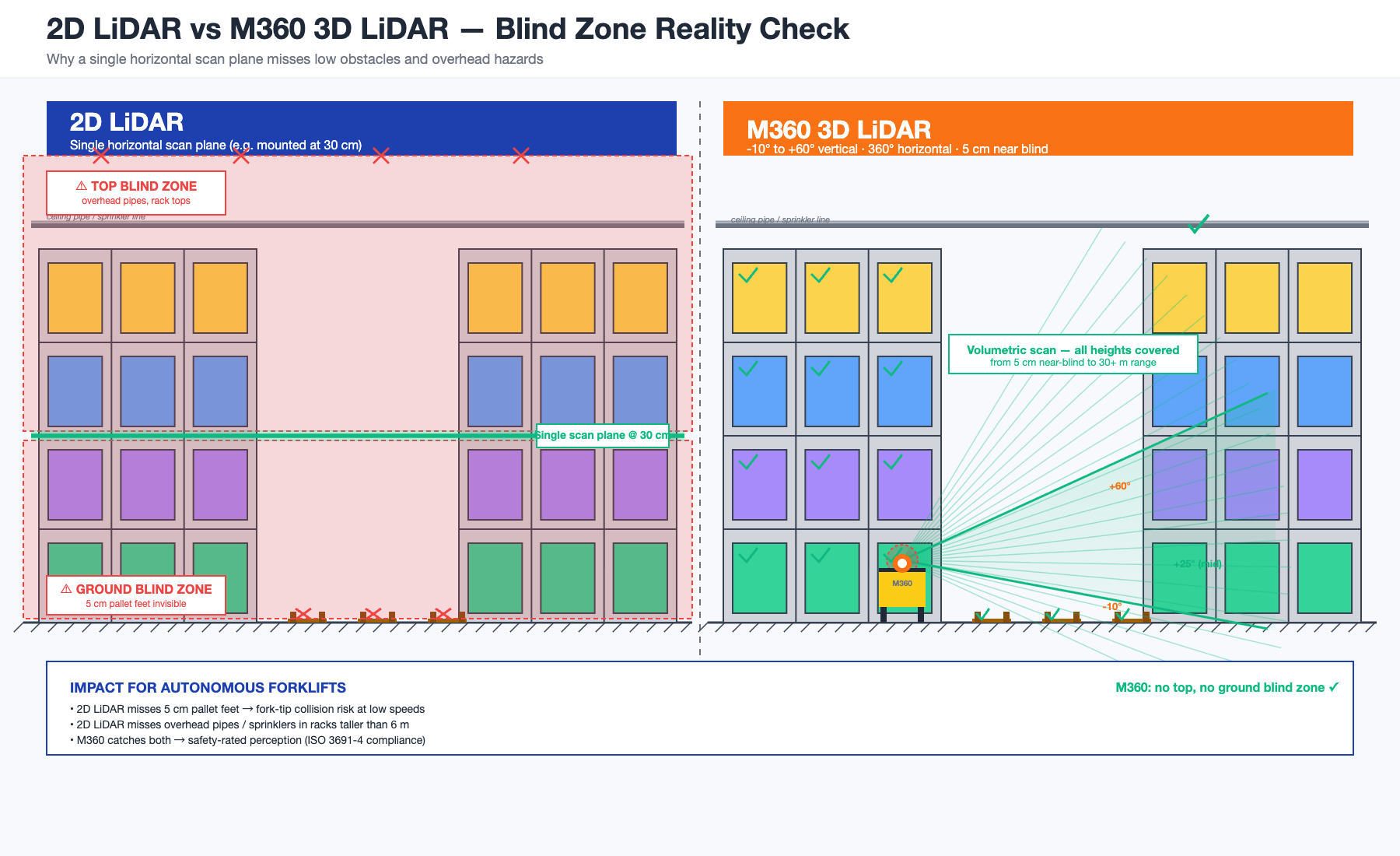 2D LiDAR single scan plane misses pallet feet, rack overhangs, ceiling pipes; 3D LiDAR captures all