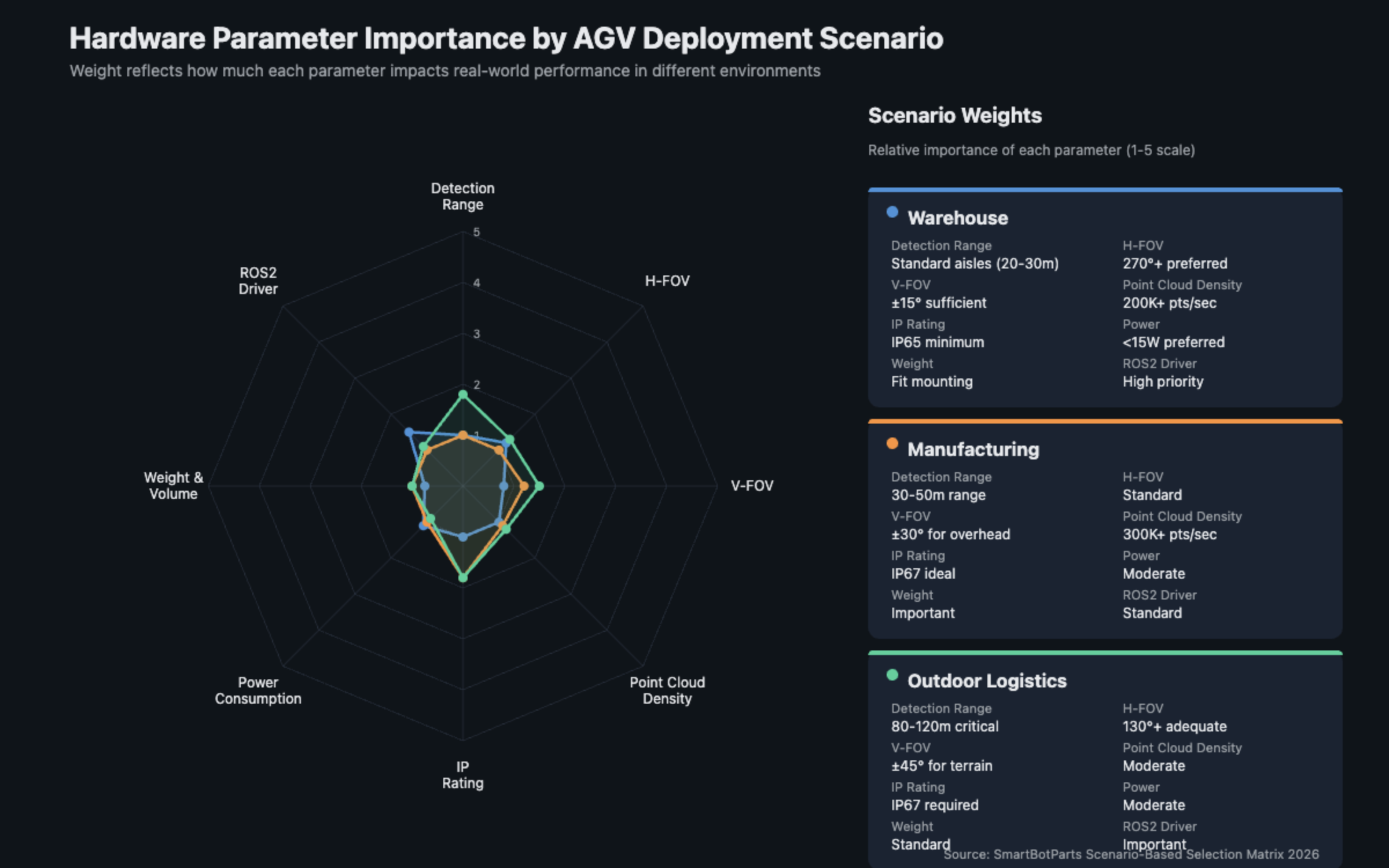 AGV LiDAR selection — 8 key hardware parameters covering detection range, FOV, point cloud density, IP rating, power, weight, interface, and temperature range
