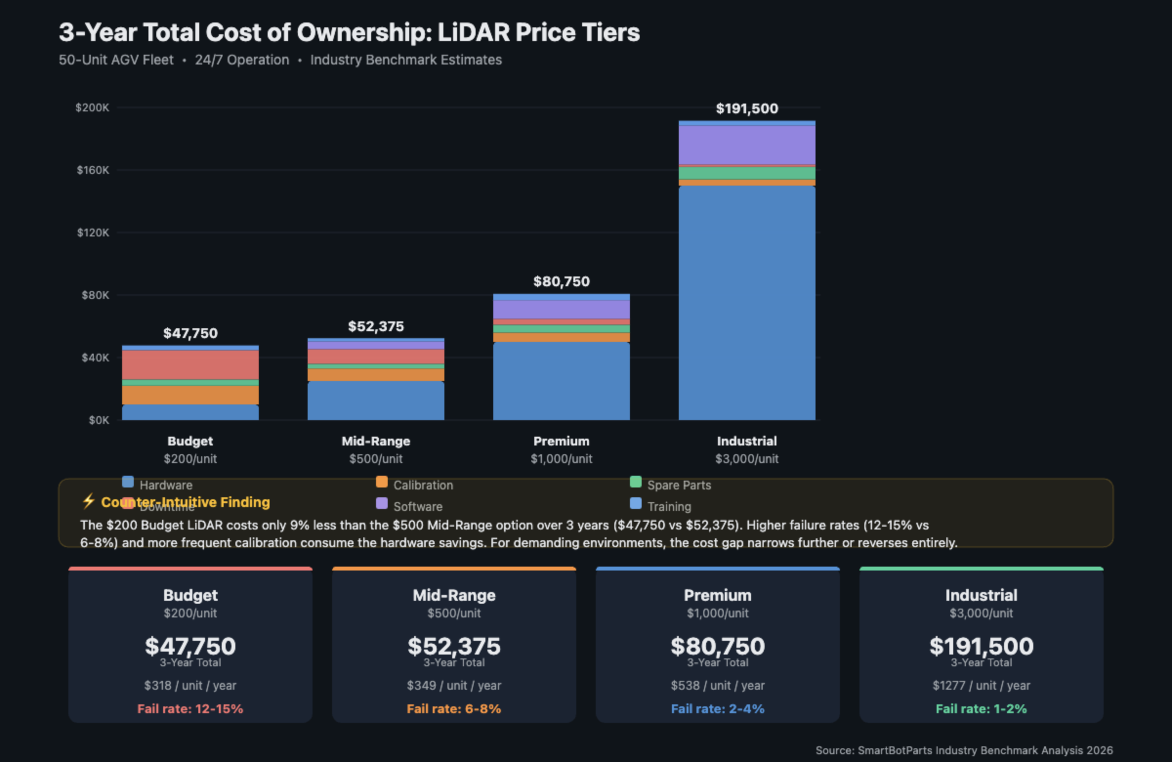 3-year LiDAR TCO comparison chart showing four price tiers from budget $200 to industrial $3,000 per unit for a 50-unit AGV fleet