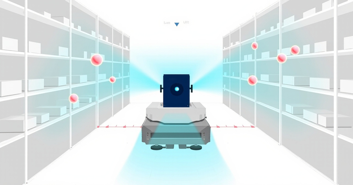 Warehouse AGV with LiDAR top-mount sensor scanning in narrow aisle