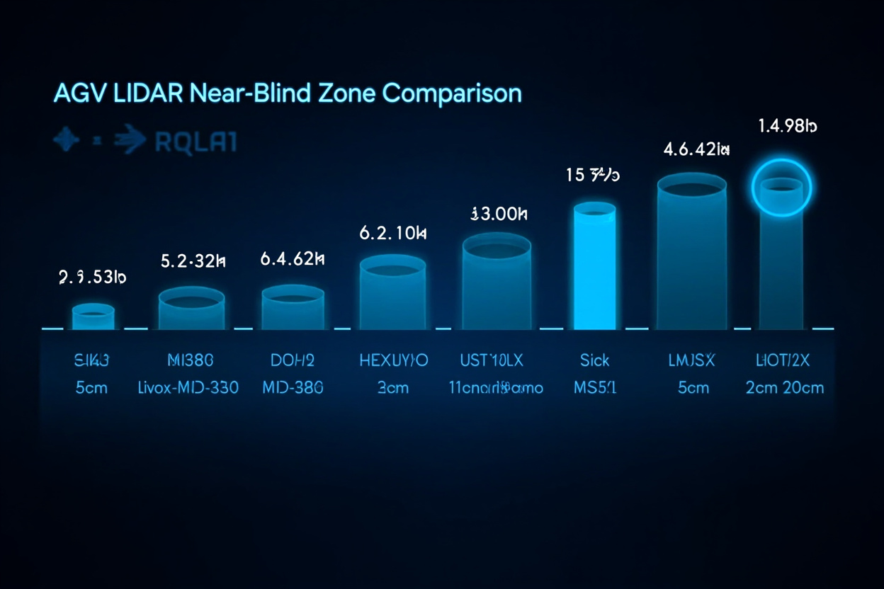 AGV LiDAR near-blind zone comparison chart - M360 vs MID-360 vs Hesai XT32 vs Hokuyo vs SICK vs Livox Mid-70 showing nominal vs reliable detection values