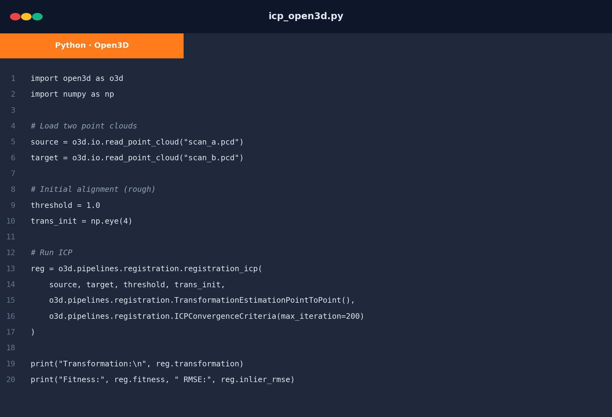 Open3D ICP registration code example