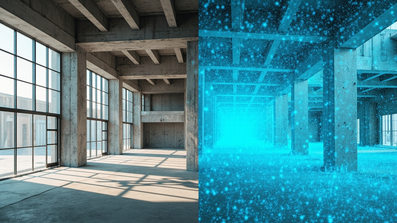 BIM model comparison showing empty Revit model alongside point cloud overlay demonstrating the scan-to-BIM modeling process