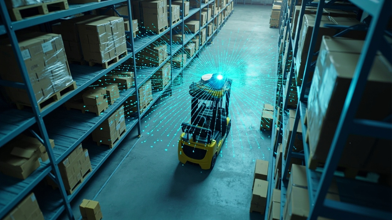 Autonomous forklift running in narrow-aisle warehouse with mast-mounted M360 3D LiDAR