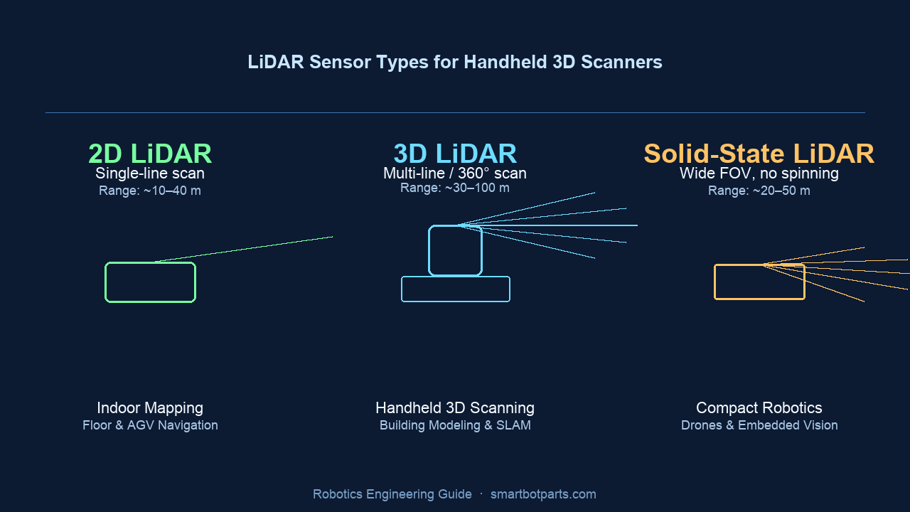 LiDAR sensor type comparison for handheld 3D scanning — mechanical multi-line vs Livox-style hybrid-solid LiDAR tradeoffs