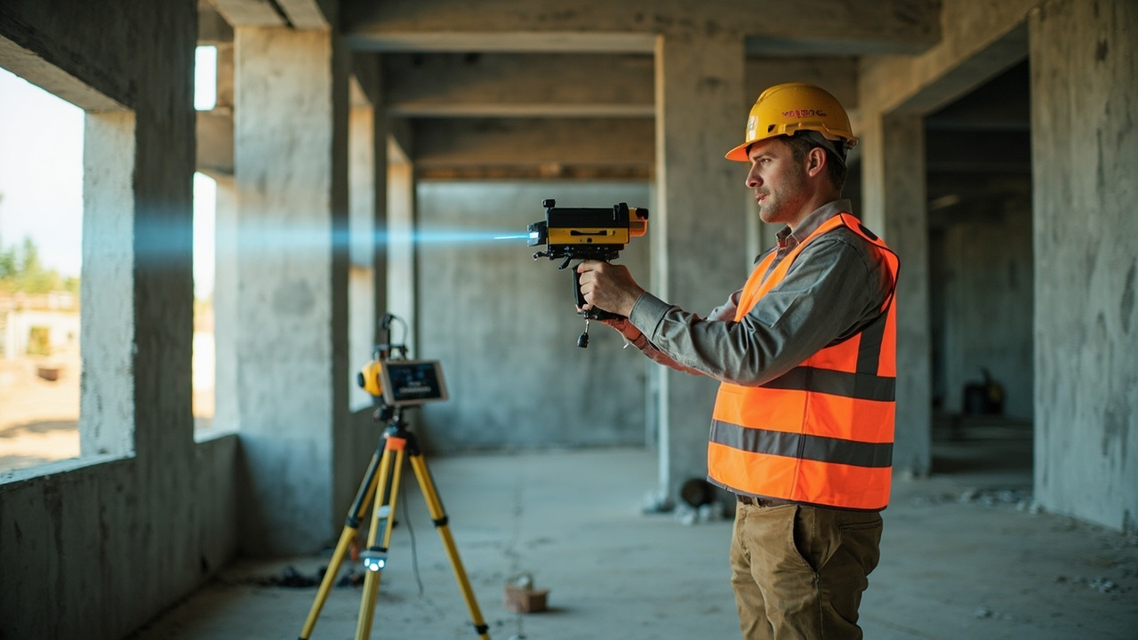 Engineer operating a handheld LiDAR scanner during a building survey for scan-to-BIM workflow