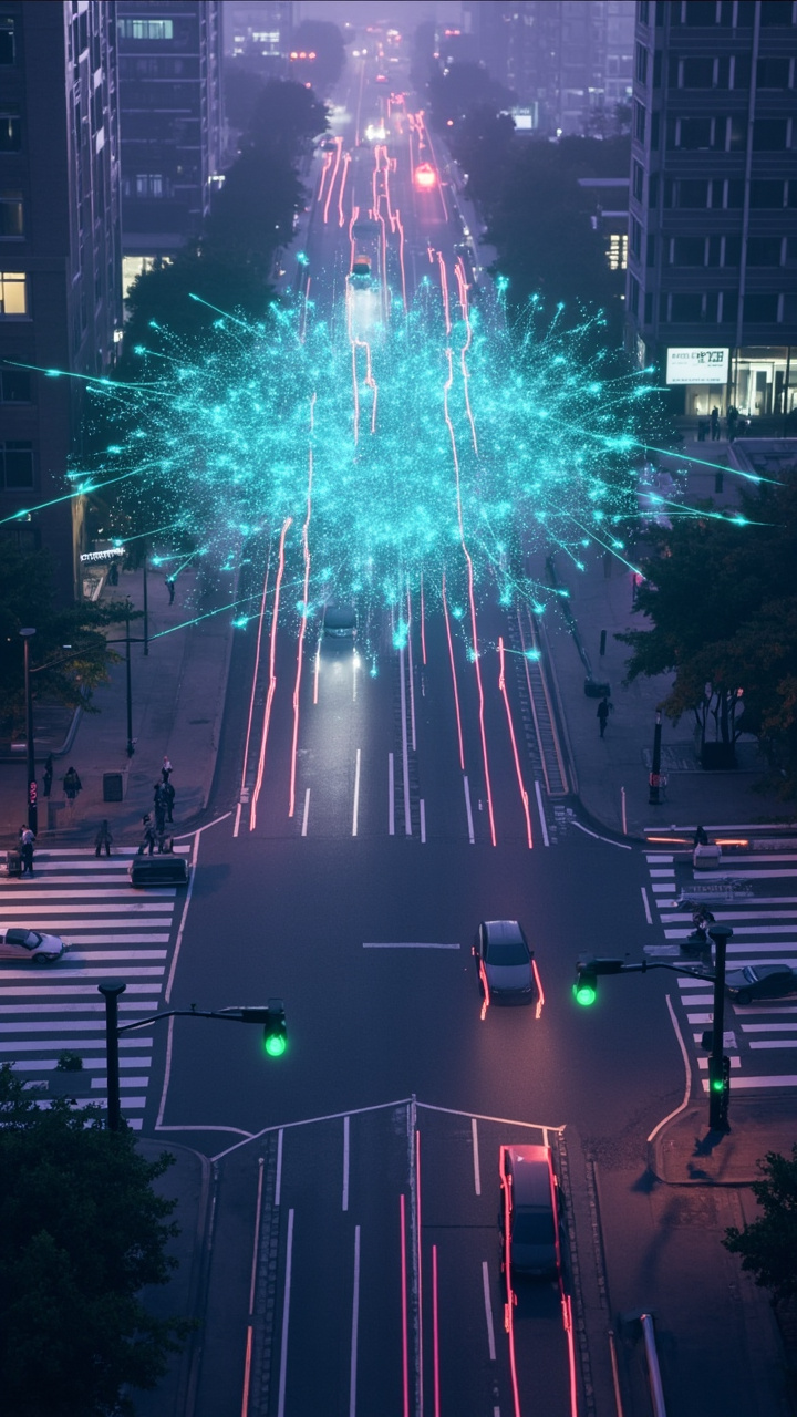 智慧路口四角安装 LiDAR 传感器，构建实时数字孪生用于交通管理