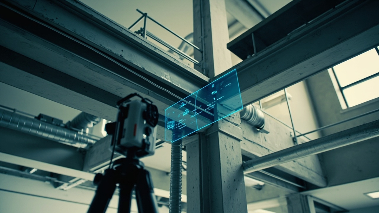 Precision scanning setup with tripod-mounted LiDAR scanner in a construction environment for accuracy benchmarking
